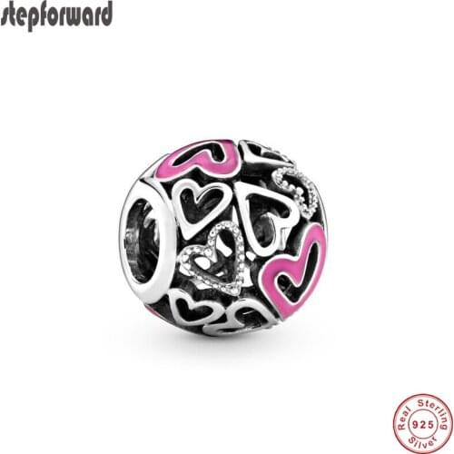 STEP FORWARD Pink Hollow Out Heart Charm New 925 Sterling Silver Bracelet Bead Valentines Day Fashion DIY Bracelets Accessories