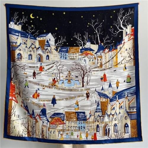 Christmas Eve Print 100% Silk Scarf Wraps Shawl for Womens Head Scarves Hijab 35"x35"