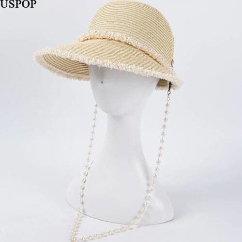 USPOP Women sun hats pearl chain straw hats summer visor caps straw sun hats baseball cap