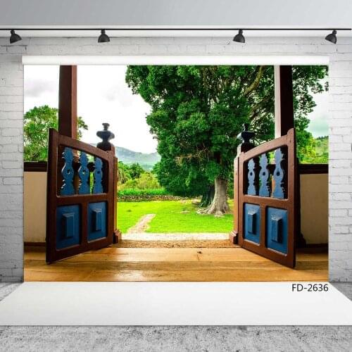 Spring Grassland Vintage Wooden Door Scenery Photography Background Baby Young Portrait Photographic Backdrops For Photo Studio