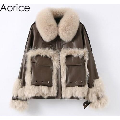 Aorice Women Genuine Sheep Leather Coat Jacket Female Girl Winter Real Fox Fur Jackets Parka OverCoats CT131