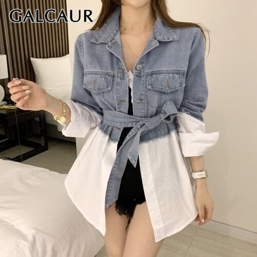 GALCAUR Casual Womens Jacket Lapel Long Sleeve With Sashes Hit Color Oversized Patchwork Denim Coat Female 2021 Autumn Clothing