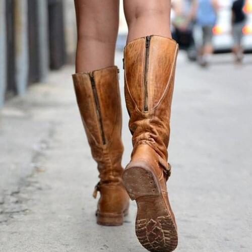 Ladies shoes Retro buckle pleated Knee-high boots long big size black brown Martin Knight Boots sell like hot cakes