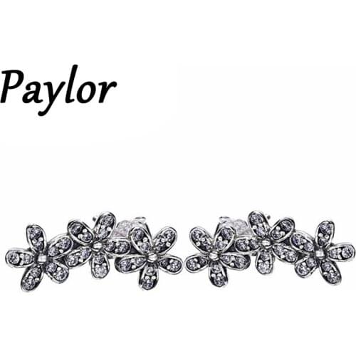Paylor Fashion Silver Color Poetic Daisy Cherry Blossom Stud Earring for Women AAA Zircon Crystal Wedding Jewelry Dropship
