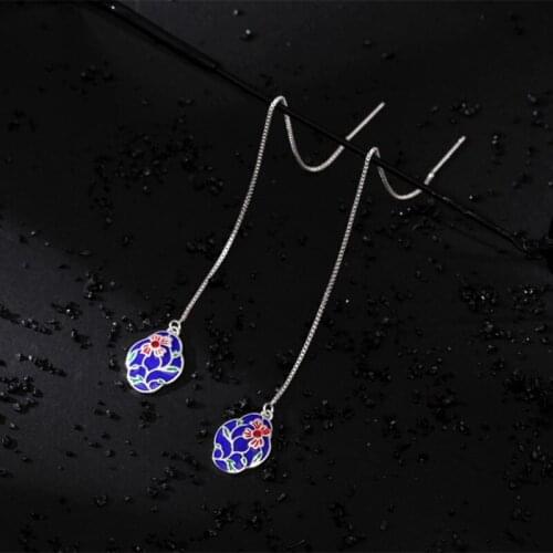 Buyee 925 Sterling Silver Fashion Dangle Earring Blue Enamel Peony Flower 11cm Long Tassel Ear Line for Women Ethnic Jewelry