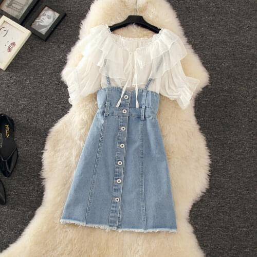 Fashion Chiffon Blouses + Denim Suspender Skirt Summer 2 Pieces Sets Women Casual Sweet Short Sleeve Tops And A Line Mini Skirts