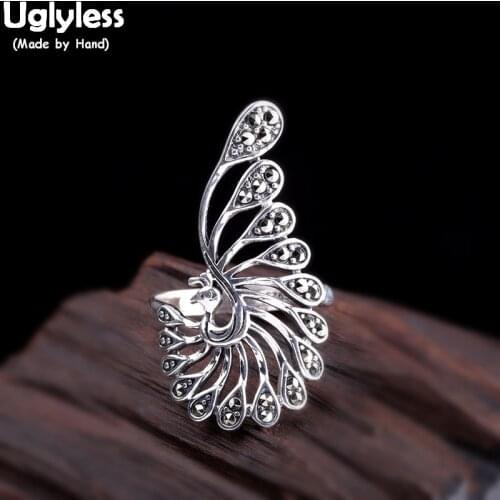Uglyless Creative Opening Peacock Rings for Women Real 925 Sterling Silver Hollow Animals Phoenix Rings Silver Fine Jewelry R948