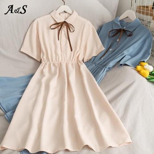 Anbenser Preppy Style Summer Women Chiffon Bow Kawaii A-line Solid High Waist Short sleeve Turn-down Collar Students Dress