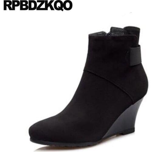 Brand Women Winter Boots Genuine Leather High Heel Quality Fur Wedge Fall Shoes Big Size Suede Short Sheepskin Booties Black