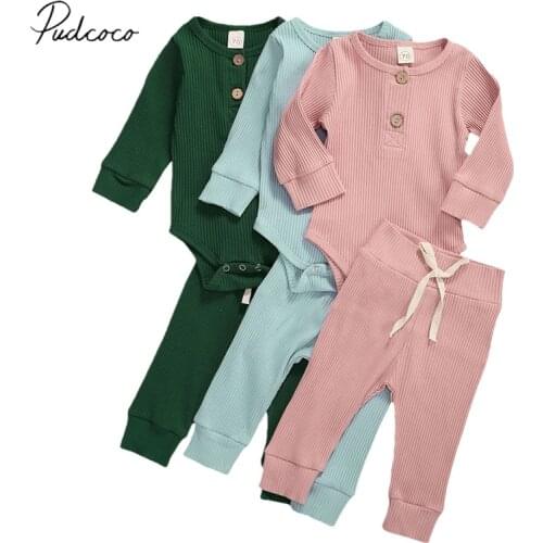 Infant Baby Ribbed Solid Outfits 2Pcs Set Fashion Casual Long Sleeve Knitted Jumpsuit + Lace Up Trousers Suit