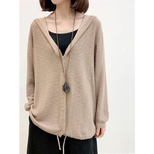 2021 Spring Autumn New Arts Style Women Long Sleeve Loose Casual Hooded Cardigan Coat Single Breasted Thin Solid Sweater