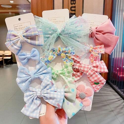 4Pcs/Lot Baby Hair Clips For Girls Plaid Hairpin Kids Big Bows Barrette Floral Printing Infant Children Cotton Hair Accessories