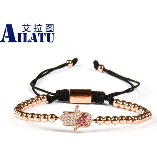 Ailatu Micro Pave Pink Love Heart Fatima Hand Hamsa 4mm Brass Beads Macrame Bracelet