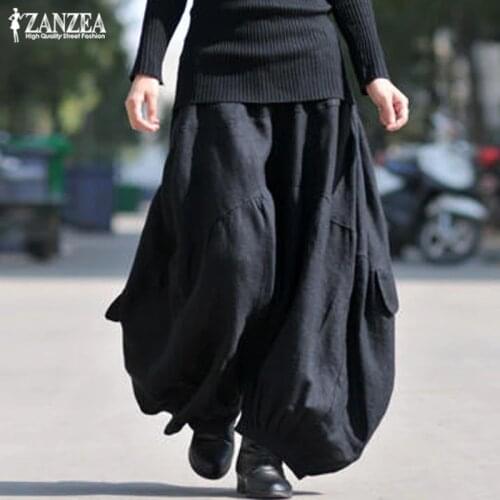 Cargo Pants Women ZANZEA Kaftan Wide Leg Tousers Cotton Linen Pantalon Palazzo Female Elastic Waist Drop Crotch Pants