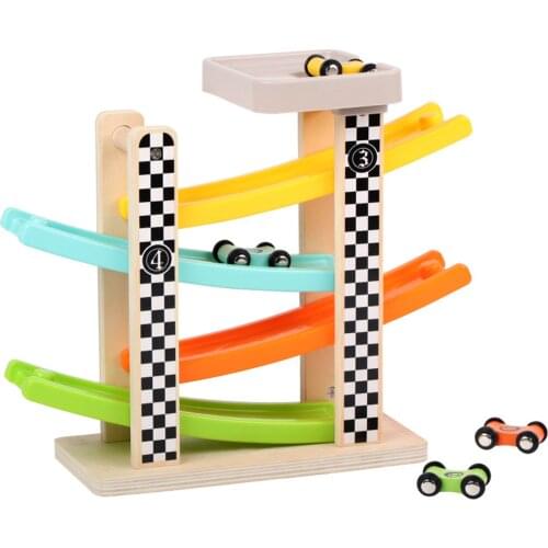 Wooden Car Ramp Toy Zig Zag Car Slide with 4 Wooden Cars Roof Top Car Park Playsets Click Clack Track Wooden Car Toys for Kids