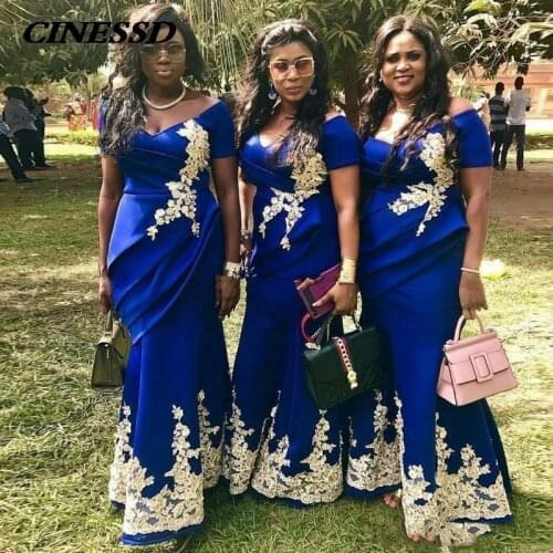 Royal Blue Satin Mermaid Bridesmaid Dresses With Lace Appliques Off the Shoulder Long 2020 African Girls Prom Party Dress Gown