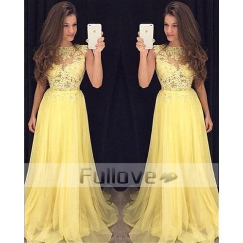 New Yellow Appliques Prom Dress Long 2019 Sheer A-Line Formal Evening Party Dresses Gowns Vestido De Festa Robe De Soiree Abiye