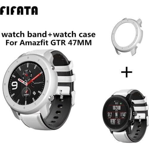 FIFATA Leather Silicone Double Layer Watch Strap+Plastic Watch Cover Case 2 In 1 For Xiaomi Huami Amazfit GTR47MM Smart Watch