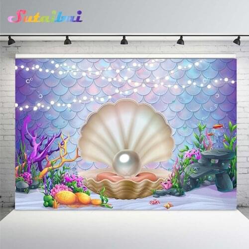 Photography Background Under The Sea Birthday Party Mermaid Girl Princess Glitter Pearl Shell Backdrop Photo Background Studio
