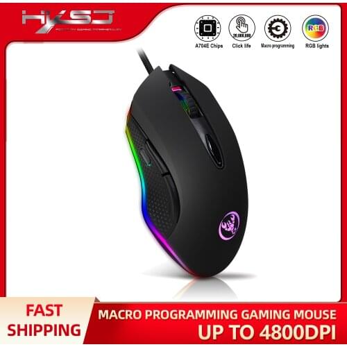 HXSJ Gaming Mouse USB Wired Mouse 6 Buttons 200-4800DPI Optical USB Wired Desktop Mice RGB Backlit For game player