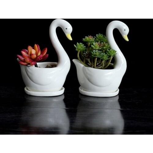 White Swan Ceramic Flower Pot Succulent Plant Flowerpot Planter Desktop Home Office DIY Decor