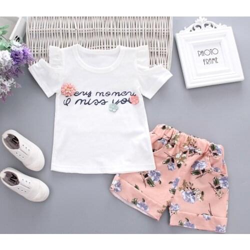 Girls Clothing Set Summer New Cute Flowers Strapless shoulder short sleeves T-shirt+ Shorts Kids Suit Toddler Baby Girls Clothes