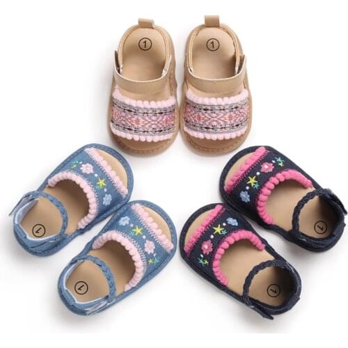 Summer Baby Girl Cute Flower Print Embroidered Sandal Soft Soled Comfortable Flat Shoes 0-18 Months Baby Baby Walking Shoes