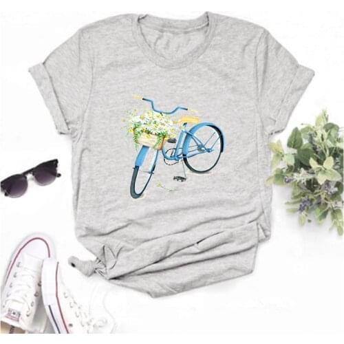 LINNA Ms. New Sunflower Bicycle Womens T-shirt Fashion Harajuku T-shirt Short Sleeve Gray Cartoon Casual Womens Top