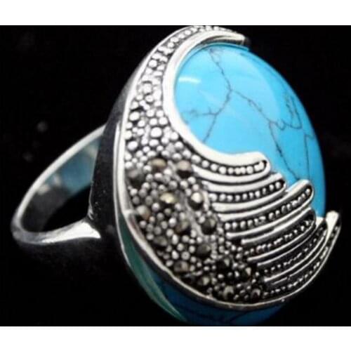 Fashion jewelry Free Shipping wholesale NEW Blue Natural jade Marcasite 925 Sterling Silver Ring Size 7/8/9/10