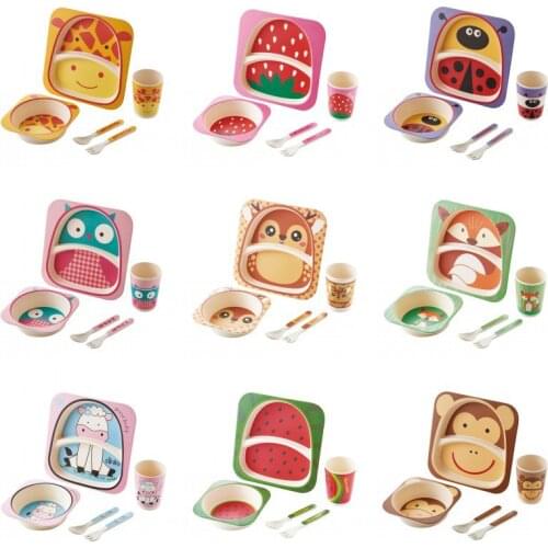 Baby Tableware Set 5 PiecesTraining Bowl Feeding For Babies Dishes Childrens Suction Cup Plate For Food Spoon Fork Bamboo fiber