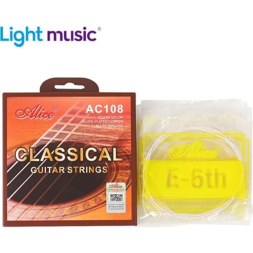 6 Strings Alice A108-N Original Classical Guitar Strings Set Clear Nylon Silver-Plated Copper Alloy Wound Normal Tension