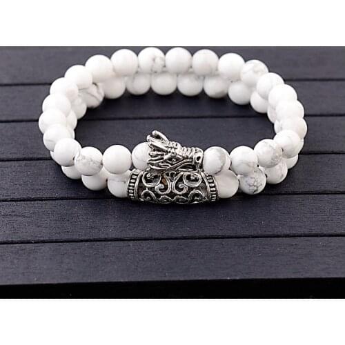 Natural Black Lava&White Howlite Stone Beads Bracelet Pulseira Masculina Mens Jewelry Dragon Alloy Bead Bracelet For Women