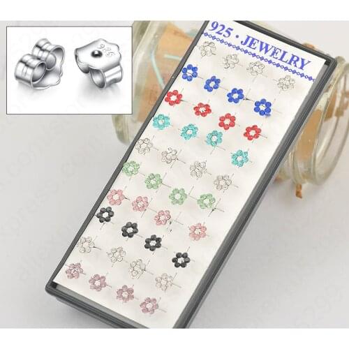 Wholesale 80PCS(40pcs) Fashion Woman Girls Stud Earrings Lovely Flowers Design 8 Colors AAA Crystal 925 Sterling Silver Jewelry