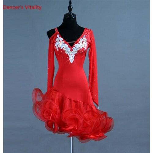Latin Dance Dress Embroidery long sleeves stones Dresses Lady Girls Latin Ballroom Dance Stage Performance Competition Costumes