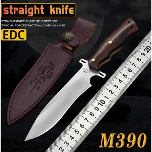 Straight knife M390 powder steel fixed knife high-end hunting straight edge outdoor rescue camping mirror light combat knife EDC