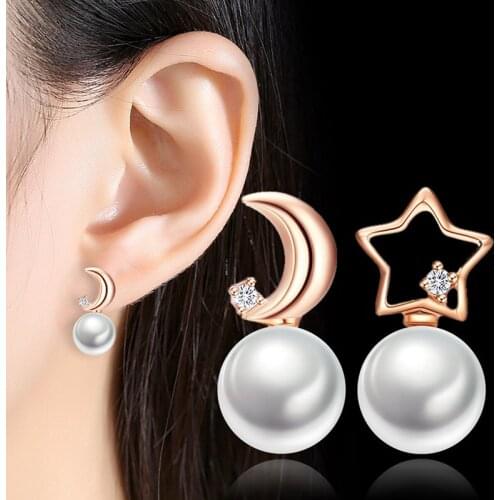 Cute Lovely Asymmetrical Star Moon Stud Earrings For Women Shiny Crystal Elegant Pearl Stud Engagement Earring Piercing Jewelry