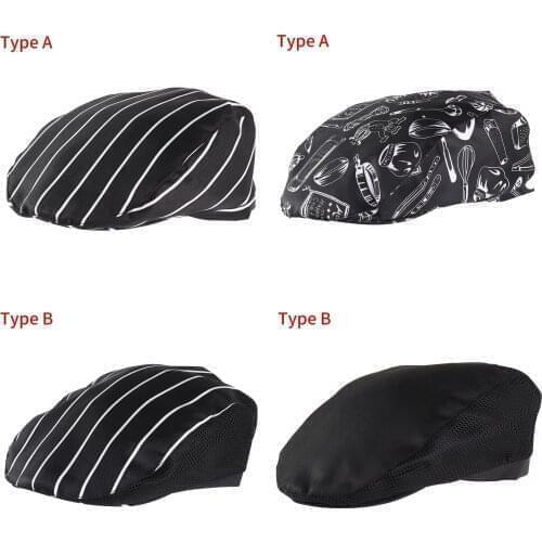 Chef Hat Waiter Beret Cafe Fast Food Restaurant Pattern Striped or Solid Color Forward Mesh Breathable Cap Cooking Work Wear Hat
