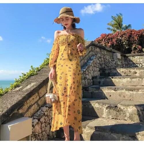 Chiffon Beach Dresses 2020 Bohemian Dress For Women Off Shoulder Ruffle Vintage High Waist Long Boho Chic Dress Summer DD2492