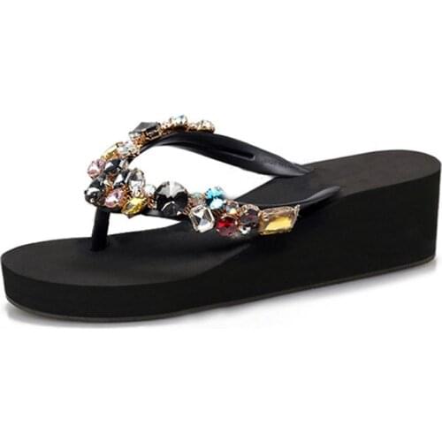 2020 Female New Outdoor Rhinestone Flip Flops Female Hand-sewn Thick Bottom Slippers Outside Wear Non-slip Beach Shoes Female