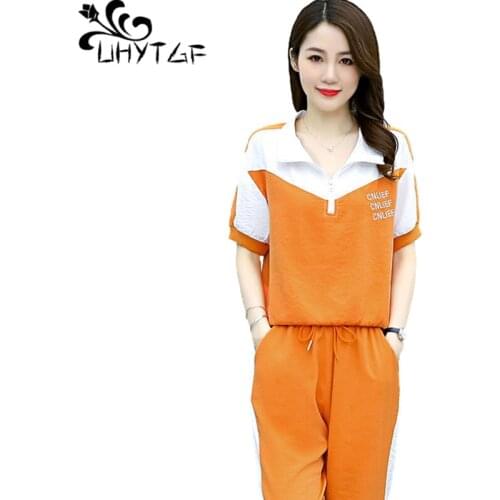 UHYTGF Casual Womens Tracksuit 2021 Fashion Stitching Summer Two-Piece Set Female Sportswear Top + Trouser Plus Size Suits 1646