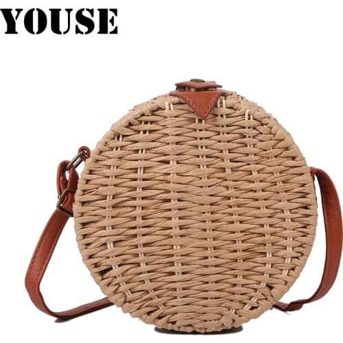 YOUSE New Lady Straw Bag Single Shoulder Bag Fashion Woven Small Round Bag Leisure Straw Bags Satchels Little Bag Knitting Bags