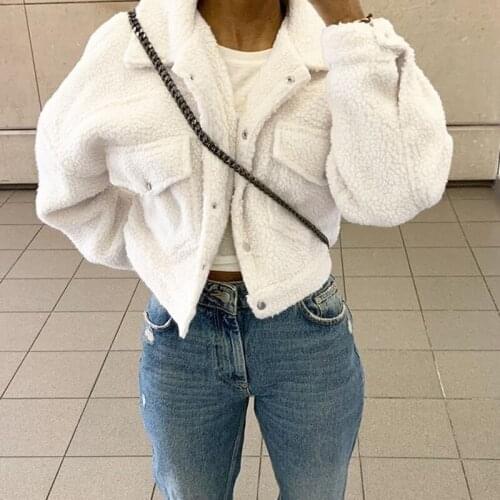 2021 New Women Solid Color Coat Warm Outwear White Turn-down Collar Buttons Open Front Jacket with Pockets for Autumn Winter