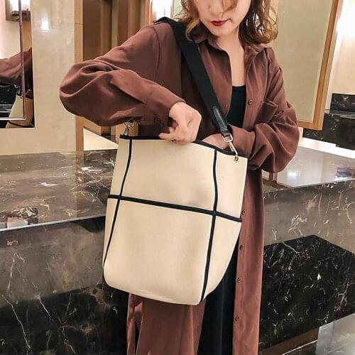HISUELY Korean 2 Pcs Panelled Canvas Shoulder Bag Women Bucket Bag Large Capacity Lady Handbag Luxury Designer Crossbody Bag