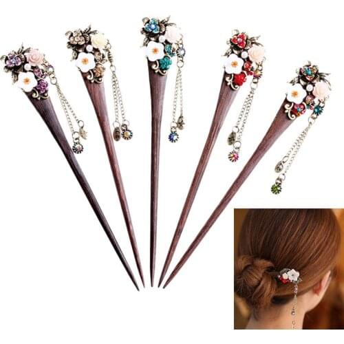Women Vintage Wooden Hair Pin Flower Tassel Hair Clip Palace Style Chinese Hairpin Hair Accessories Female Headweard