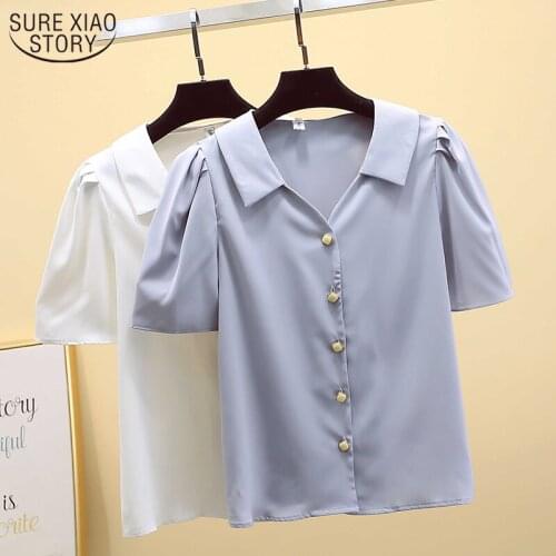 Womens Tops and Blouses Solid Short Sleeve Summer Cardigan Shirts Korean Vintage Puff Sleeve V-neck Office Lady Tops Blusas 9882