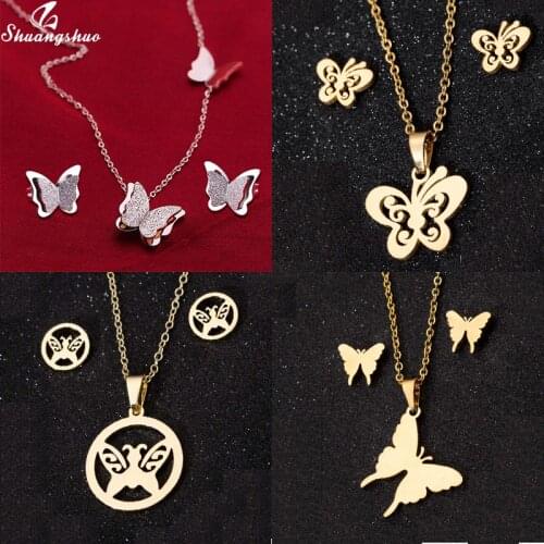 Stainless Steel Matte Smooth Butterfly Necklace Earrings Wedding Jewelry Set for Women Cute Animal Minnie Earring Mouse Necklace