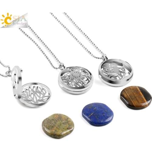 CSJA New 10 Styles Women Locket Pendant Necklace Hollow Deer Snow Fairy Life Tree Butterfly with Natural Stone Bead Jewelry E501