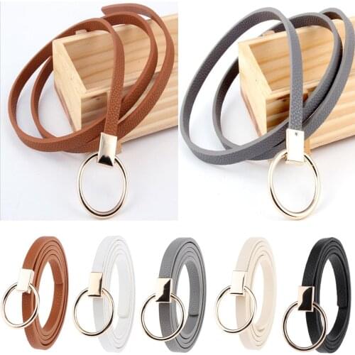 Lady PU Leather O Ring Knot Belt Thin Skinny Waist Belt for Dress Accessory Belt Black Brown White Gray