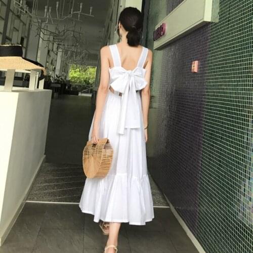 White Dresses Summer 2019 Backless Bow Suspenders Strap Tiered Dress Beach Holiday New Chic Casual Dresses For Women 2019 DD2177