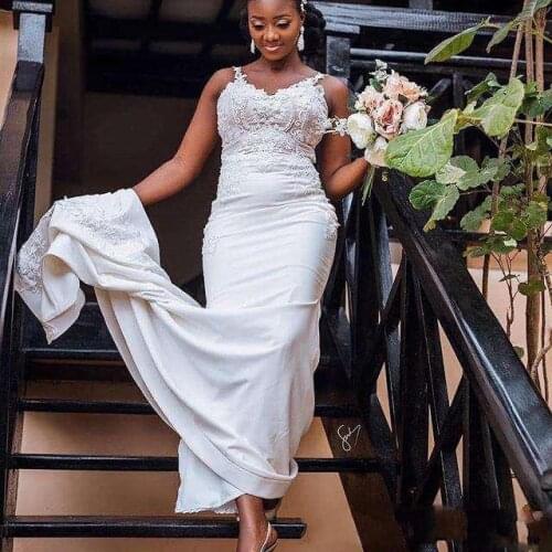 Mermaid Wedding Dresses Spaghetti Lace Ruffle Sleeveless Sweep Train Plus Size robe de mariée South African Black Brides